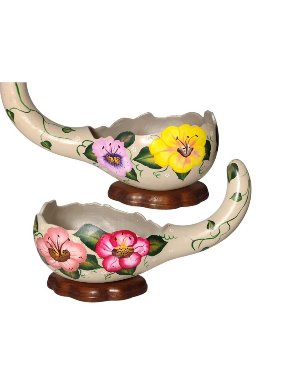 Handpainted Floral Gourd Planter on Wood Base 11.5" Colorful Tropical